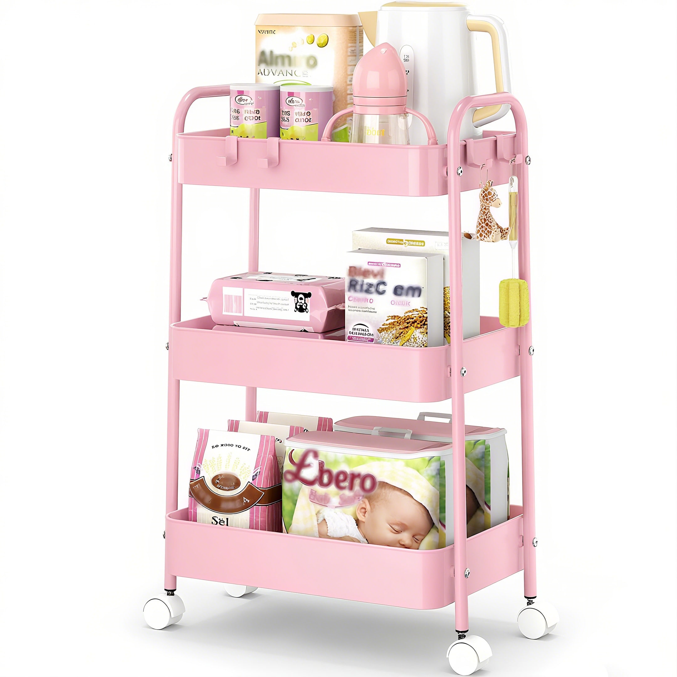 Baby Nursery Storage - 3-stufiger Metall-Rollwagen mit Rädern, moderner pinker