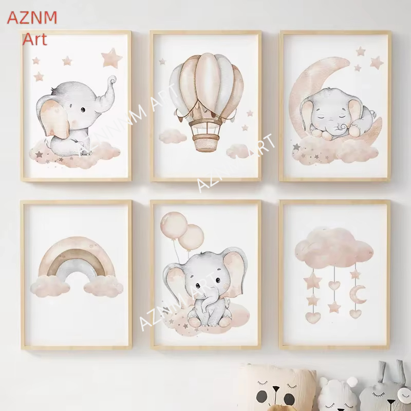 Baby Nursery Wall Art - Elefanten-Ballon, Regenbogen, Mond, Sterne, Wolke, Schaukel,