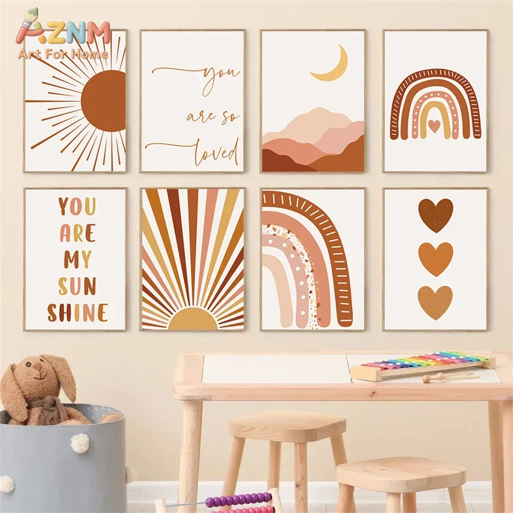 Baby Nursery Wall Art - AZNM Boho-Sonnen-Mond-Regenbogen-Leinwand-Wandkunst, neutrales Terrakotta-Poster mit dem