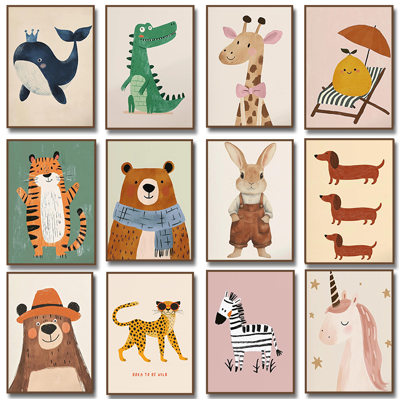 Baby Nursery Wall Art - Niedliche Tier-Illustration Poster Einhorn Bär Tiger