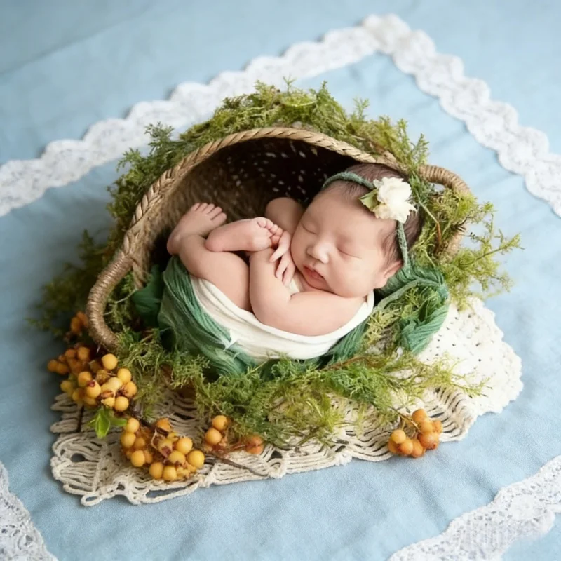 Photo Frame Baby - Runder Rattankorb mit Griffen für Neugeborenen-Fotografie,