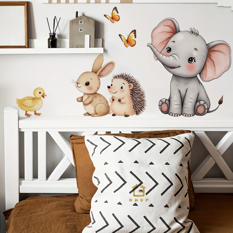 Baby Nursery Wall Art - Cartoon-Tier-Wandaufkleber – Elefant, Hase, Igel, Kinderzimmer-Aufkleber,
