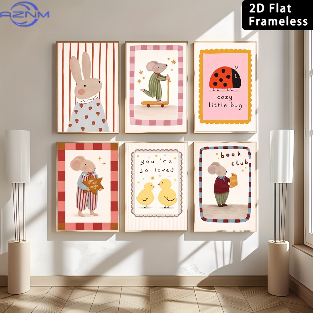 Baby Nursery Wall Art - 6 Stück rahmenlose, niedliche Cartoon-Tier-Leinwandposter –
