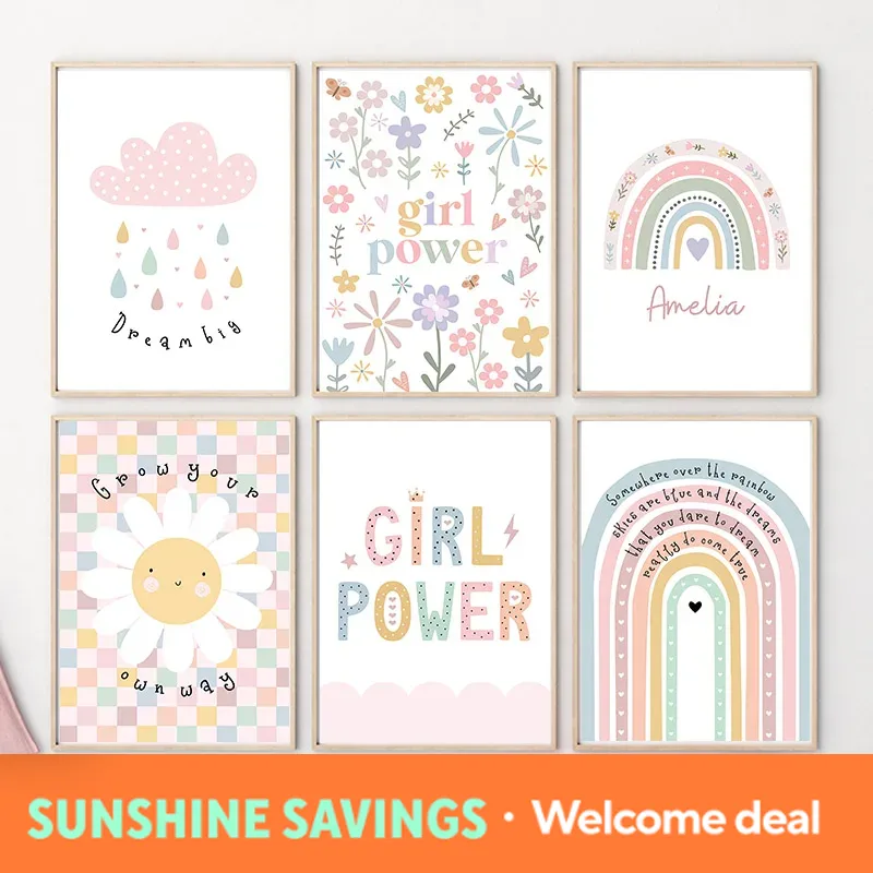 Baby Nursery Wall Art - Sonnenblumen-Regenbogen-Wolken-Herz Kinderzimmer Wandkunst Leinwanddruck Nordische Cartoon-Poster