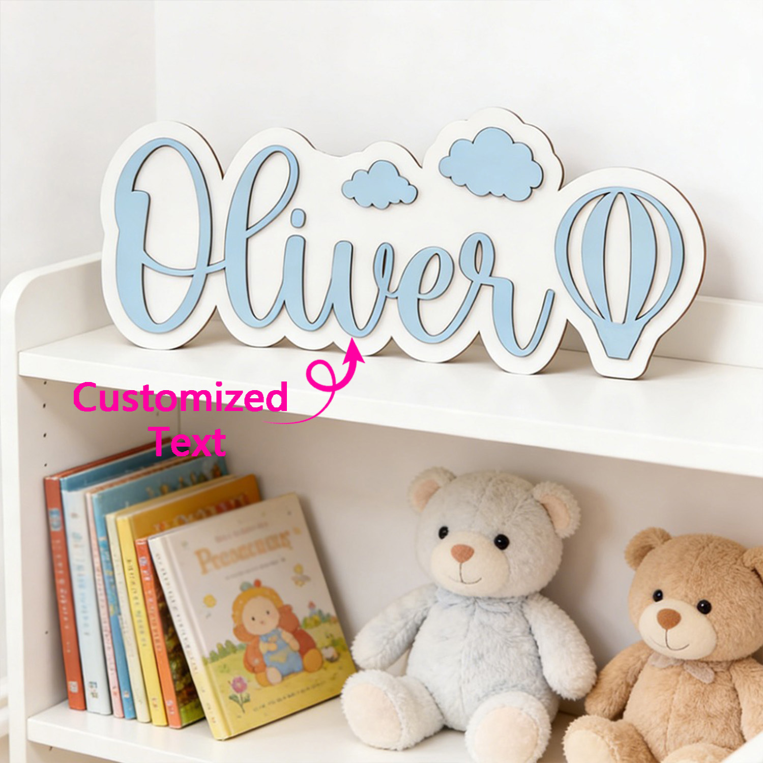 Baby Nursery Toy - Personalisiertes Heißluftballon- & Wolken-Namensschild, Anpassbare Pastellblaue