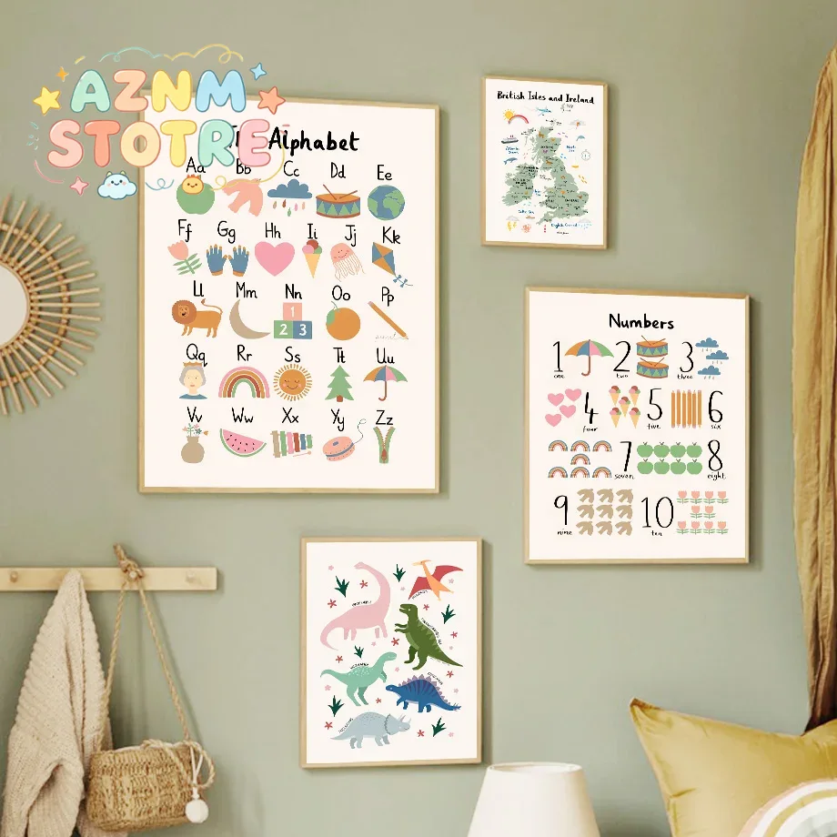 Baby Nursery Wall Art - Tierweltkarte Dinosaurier Alphabet Zahlen Leinwand Wandkunst