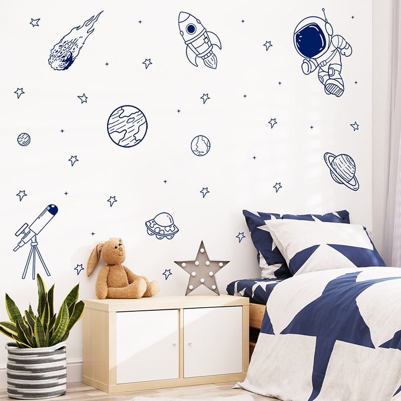 Baby Nursery Products - Wandaufkleber mit Cartoon-Universum, Astronaut, Planet, Rakete,