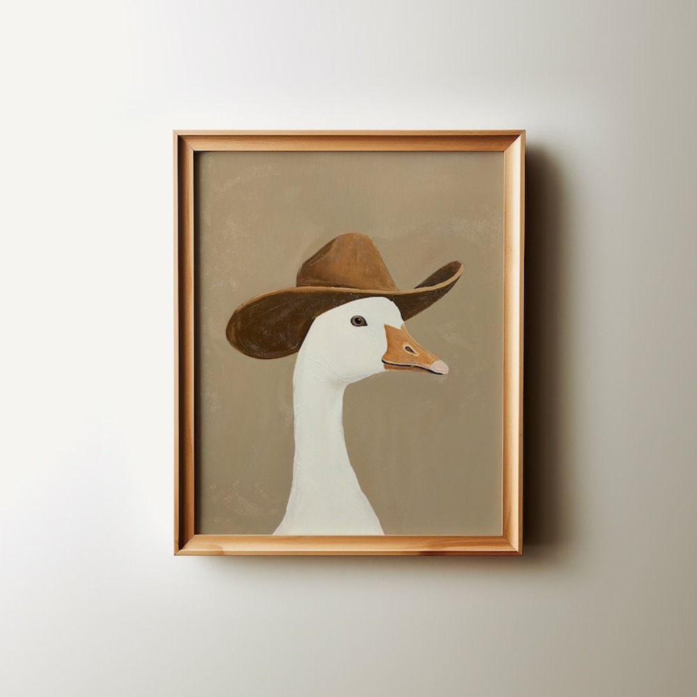 Baby Nursery Wall Art - Lustige Cowboy-Gans, Brauner Cowboyhut, Western-Kinderzimmer-Kunst, Neutrale